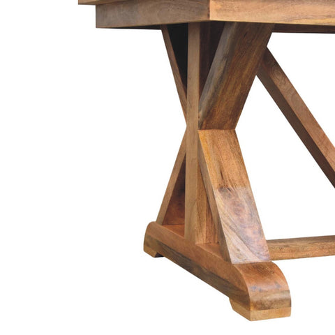 Solid wood treston dining table with rustic x-shaped base and natural grain finish perfect for dining rooms