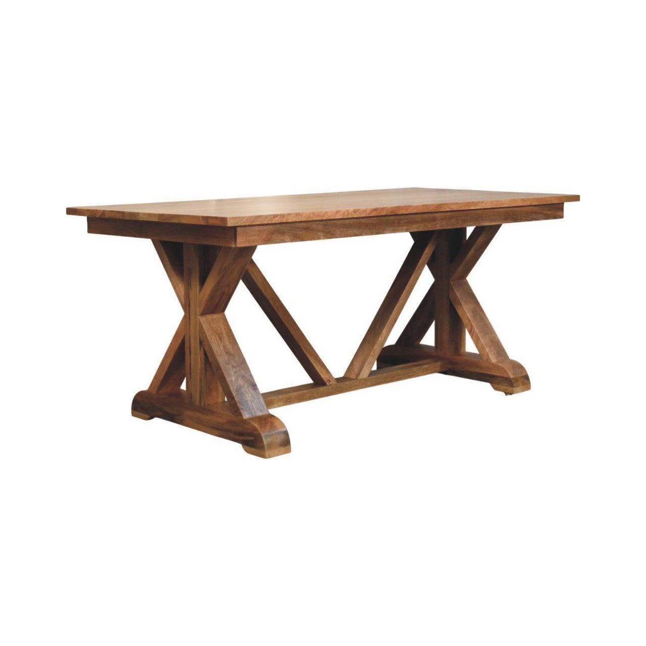 Solid wood treston dining table with warm medium brown finish and distinctive x shaped legs for dining spaces