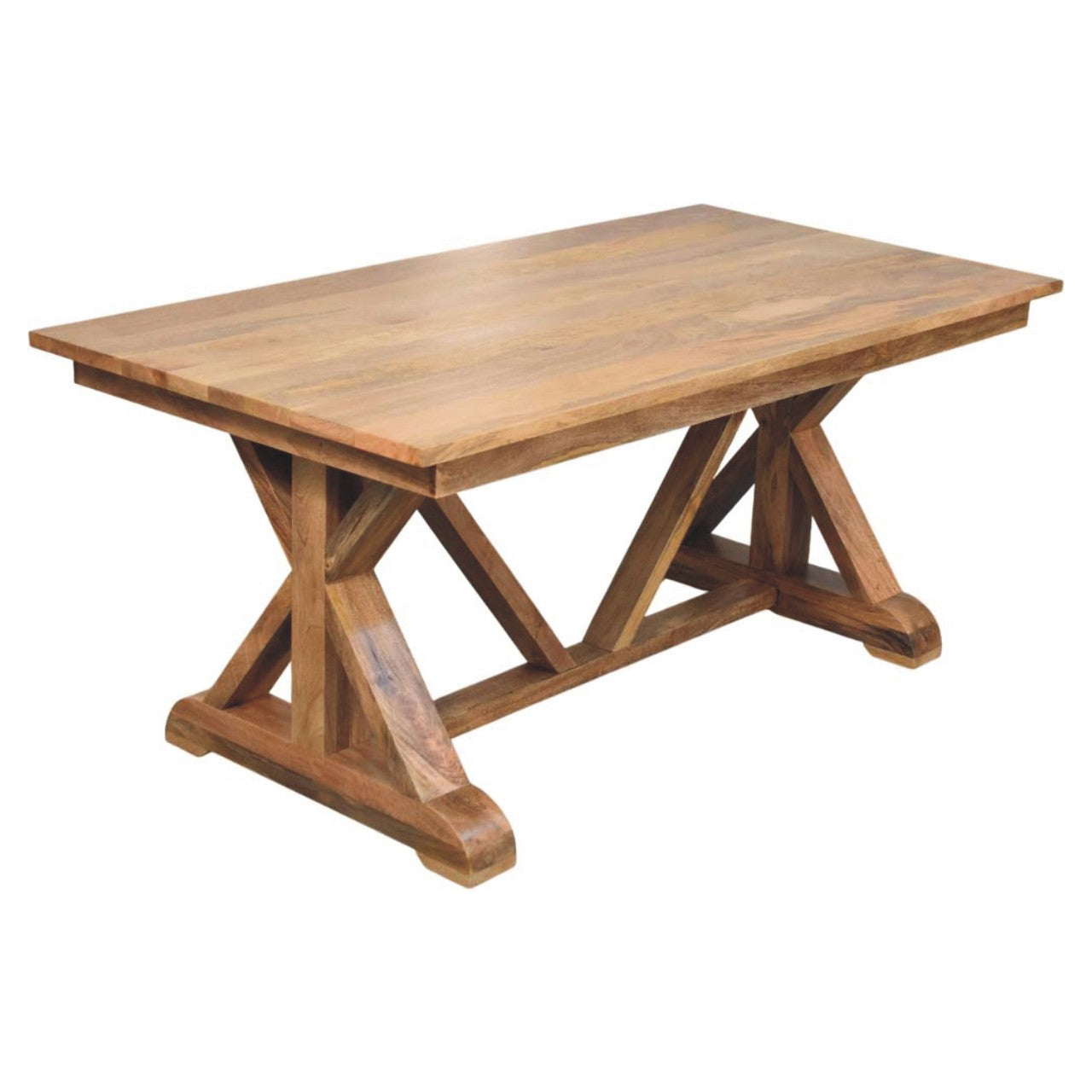 Solid wood treston dining table with warm natural finish and distinctive x shaped legs perfect for dining room