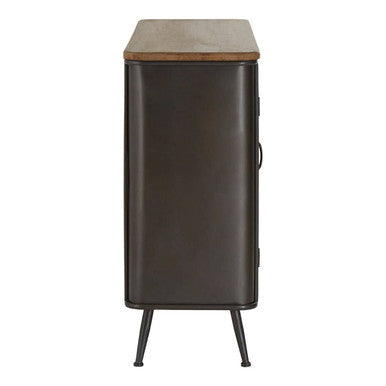 Dark metal drawer cabinet side table with natural wood top and slender legs for stylish storage and display