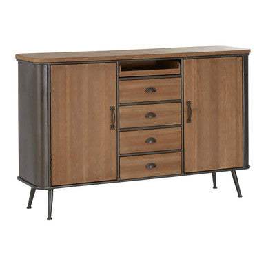 Modern wooden drawer cabinet trinity with dark metal frame, legs, central stack of drawers, and side cabinets