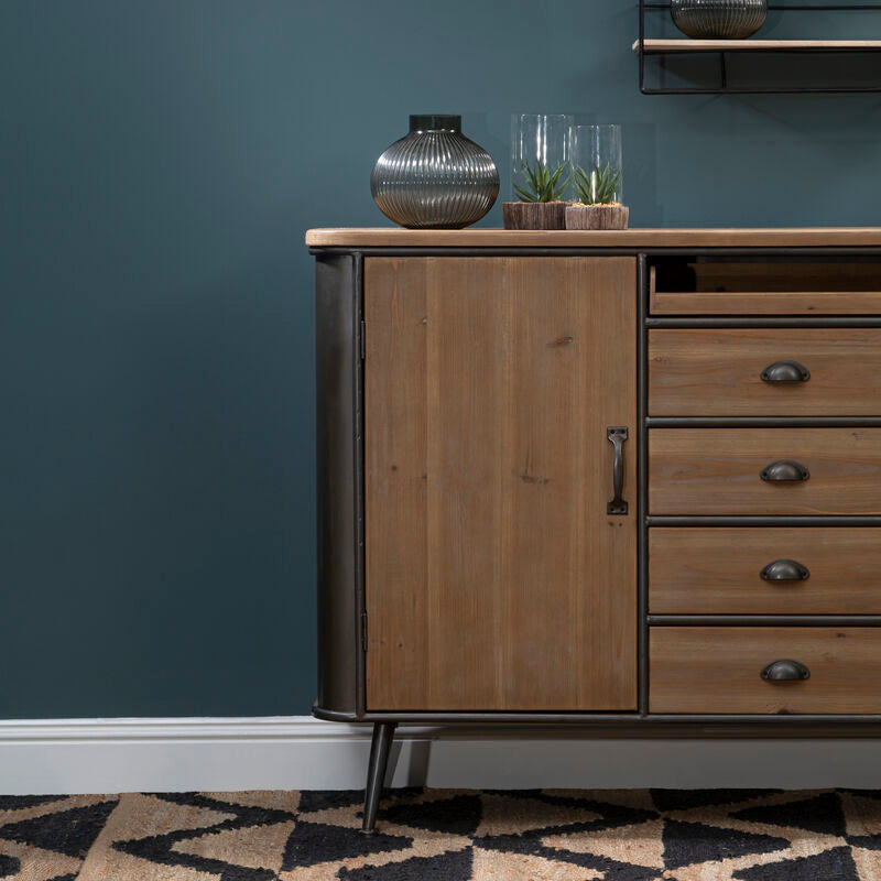 Rustic wooden drawer cabinet with dark metal frame and legs featuring one door and four drawers with vintage handles