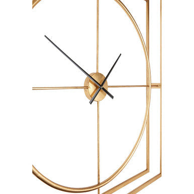 Gold-toned trinity metal wall clock with geometric design and minimalist black hands for modern wall decor