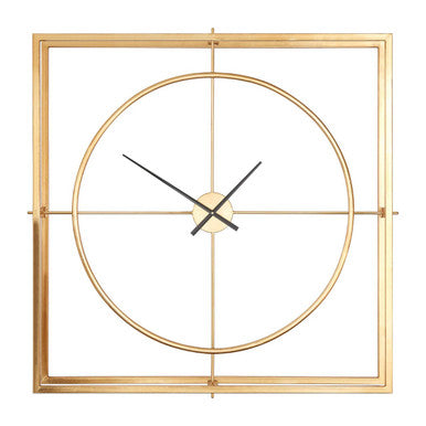 Gold-toned metal wall clock with square frame minimalist circular design and black hands for stylish wall decor