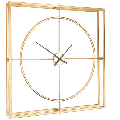Gold-toned trinity metal wall clock with minimalist geometric design featuring intersecting circular and rectangular frames