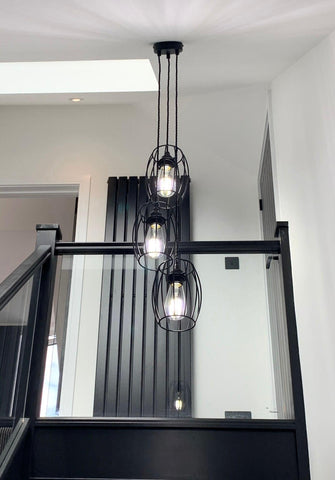 Triple Pendant Light with Cage Shades | Industrial Kitchen Island & Stairwell Lighting