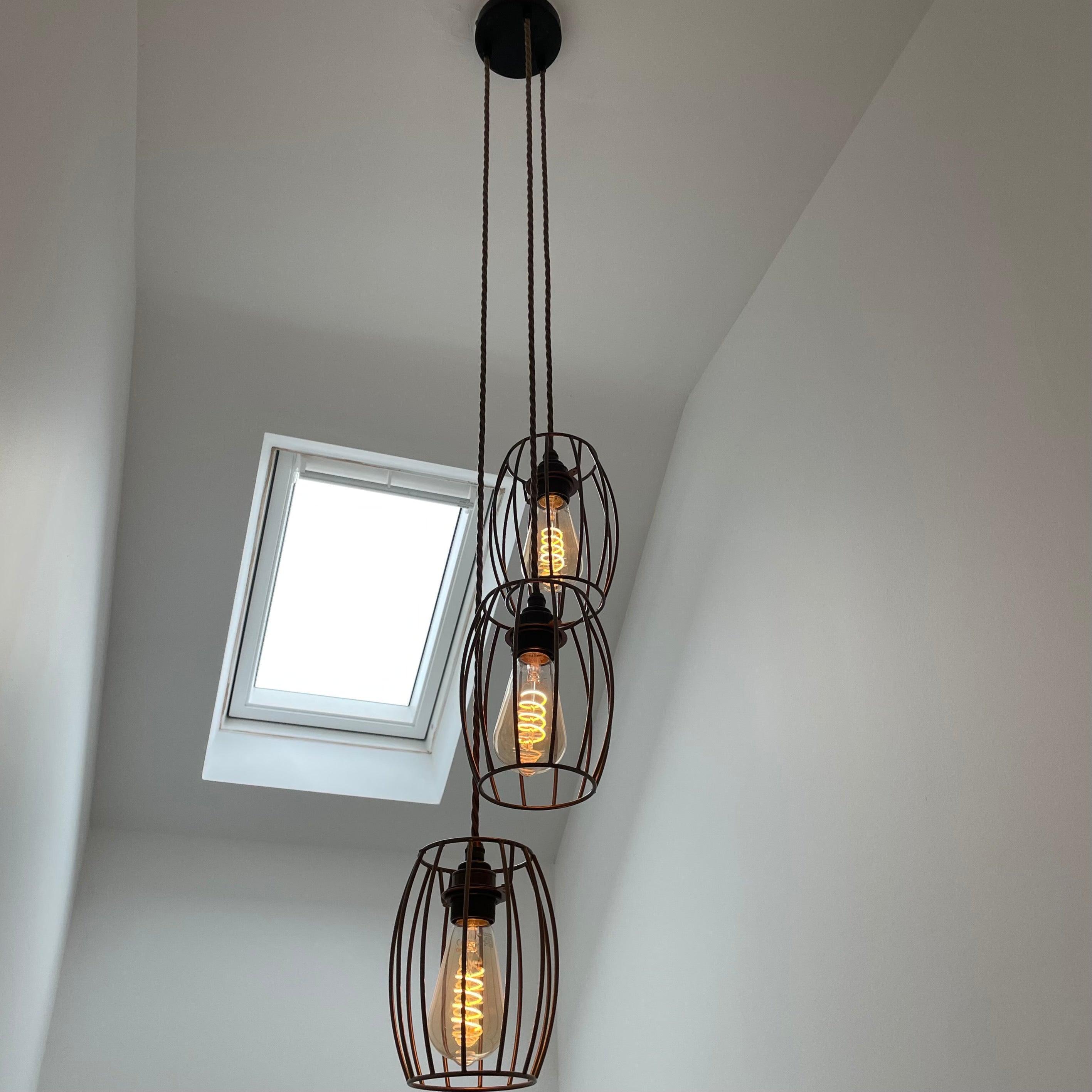 Triple Pendant Light with Cage Shades | Industrial Kitchen Island & Stairwell Lighting