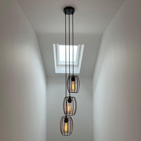 Triple Pendant Light with Cage Shades | Industrial Kitchen Island & Stairwell Lighting