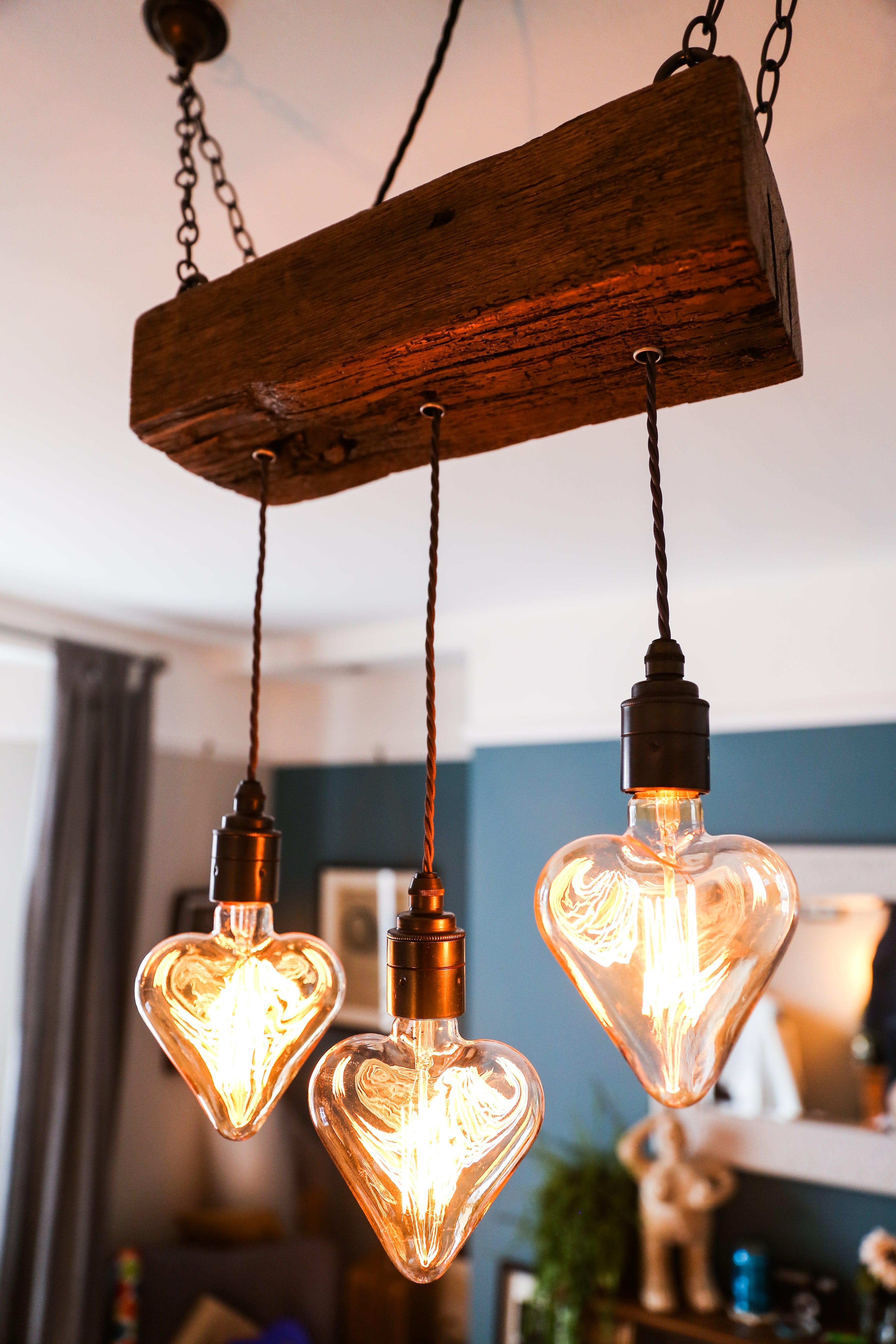 Triple Pendant Light with Heart Bulbs | Oak Kitchen Island & Romantic Dining Lighting UK
