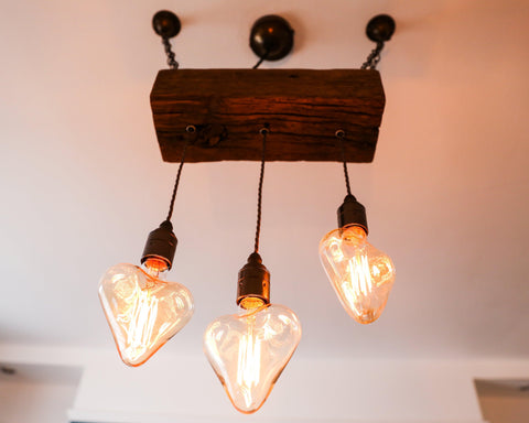 Triple Pendant Light with Heart Bulbs | Oak Kitchen Island & Romantic Dining Lighting UK