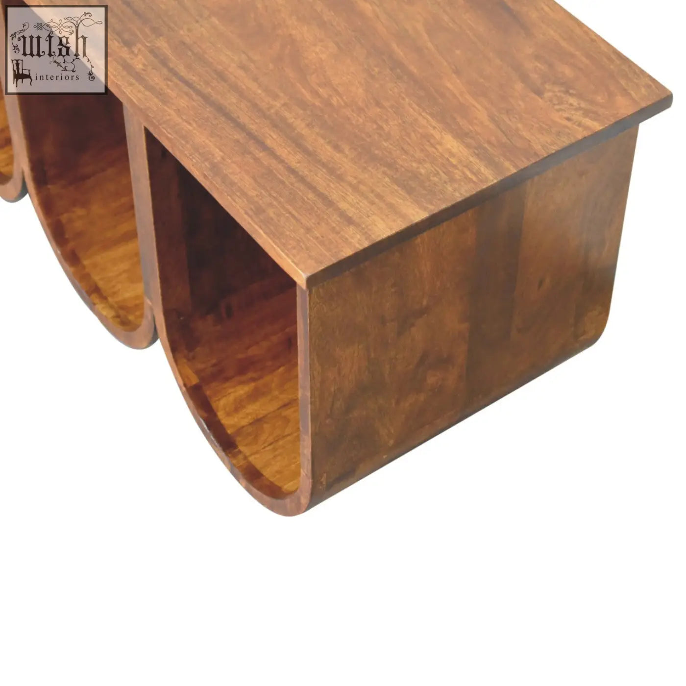 Brown wooden triple open style coffee table with curved compartments made of solid mango wood in chestnut finish