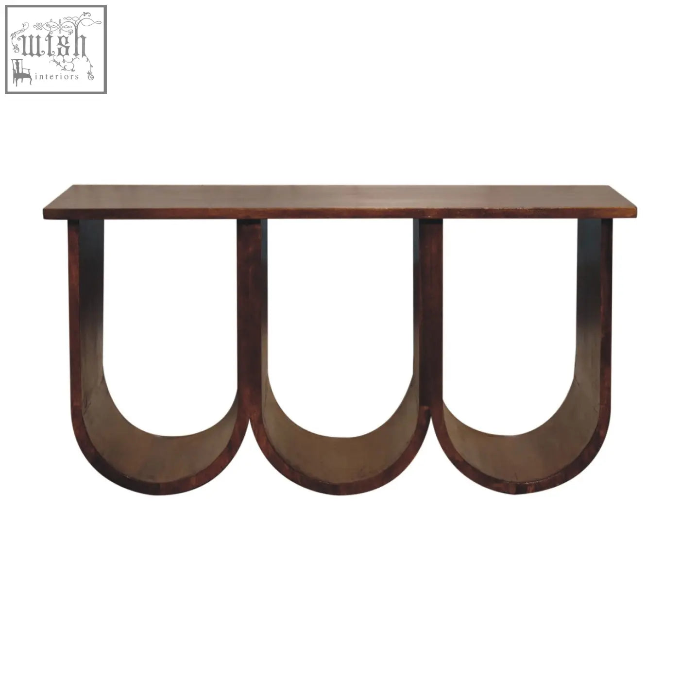 Dark brown triple open style coffee table made of solid mango wood with three curved legs and modern design