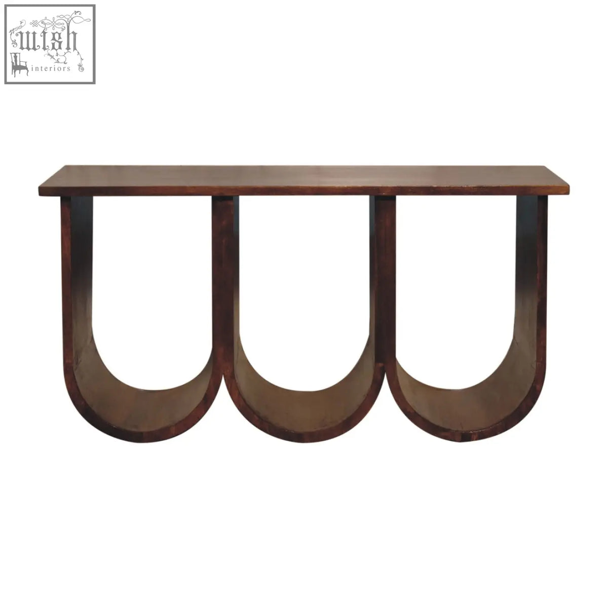 Dark brown triple open style coffee table made of solid mango wood with three curved legs and modern design