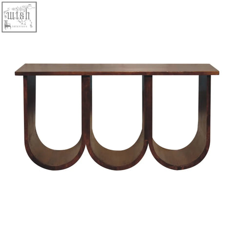 Dark brown triple open style coffee table made of solid mango wood with three curved legs and modern design