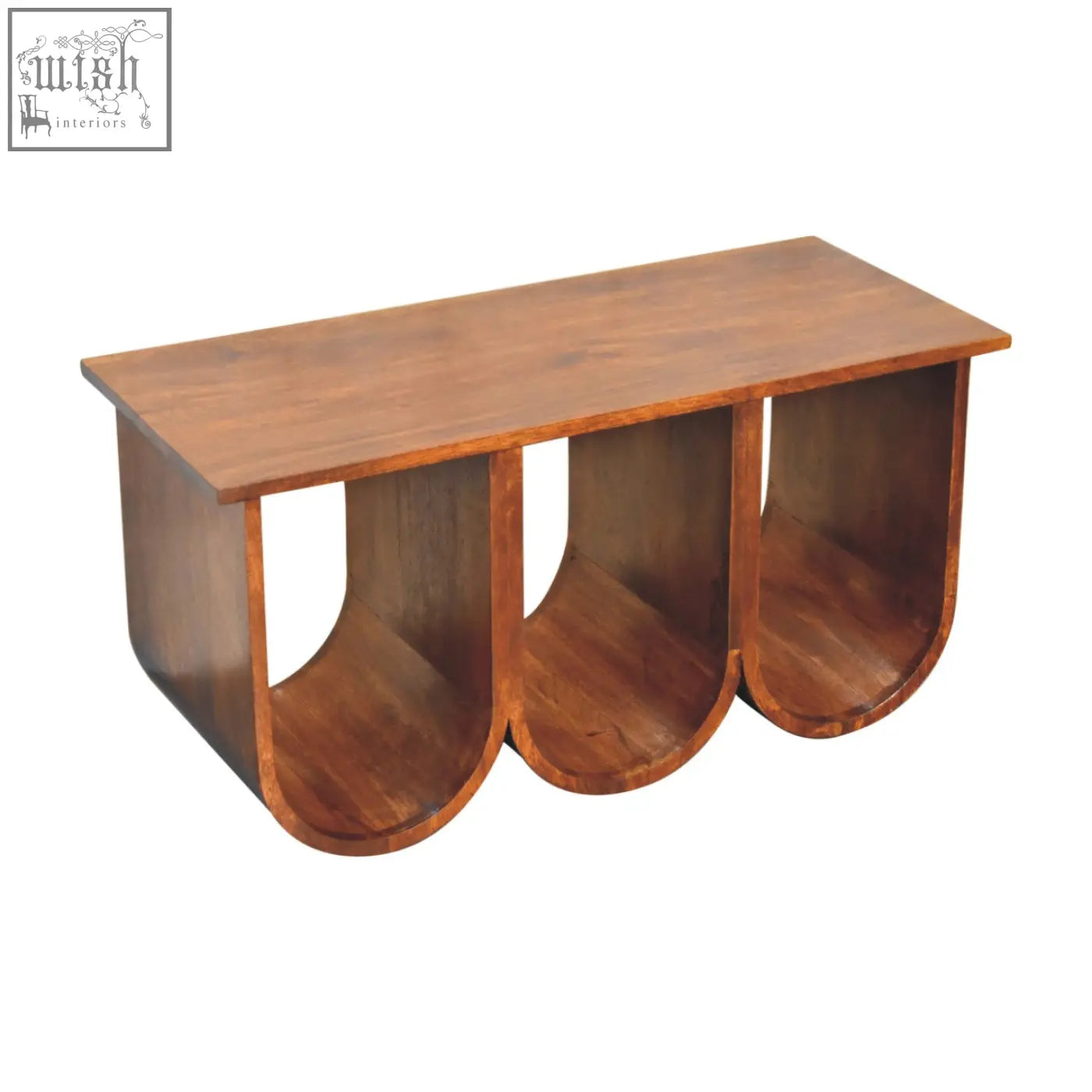 A chestnut solid mango wood coffee table with a triple open style design and three curved compartments