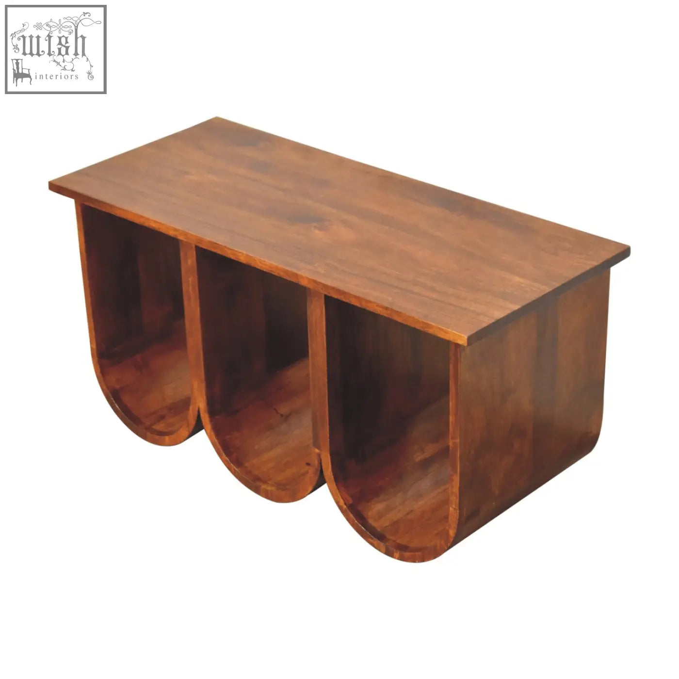 A chestnut solid mango wood triple open style coffee table with three curved compartments in medium brown wood
