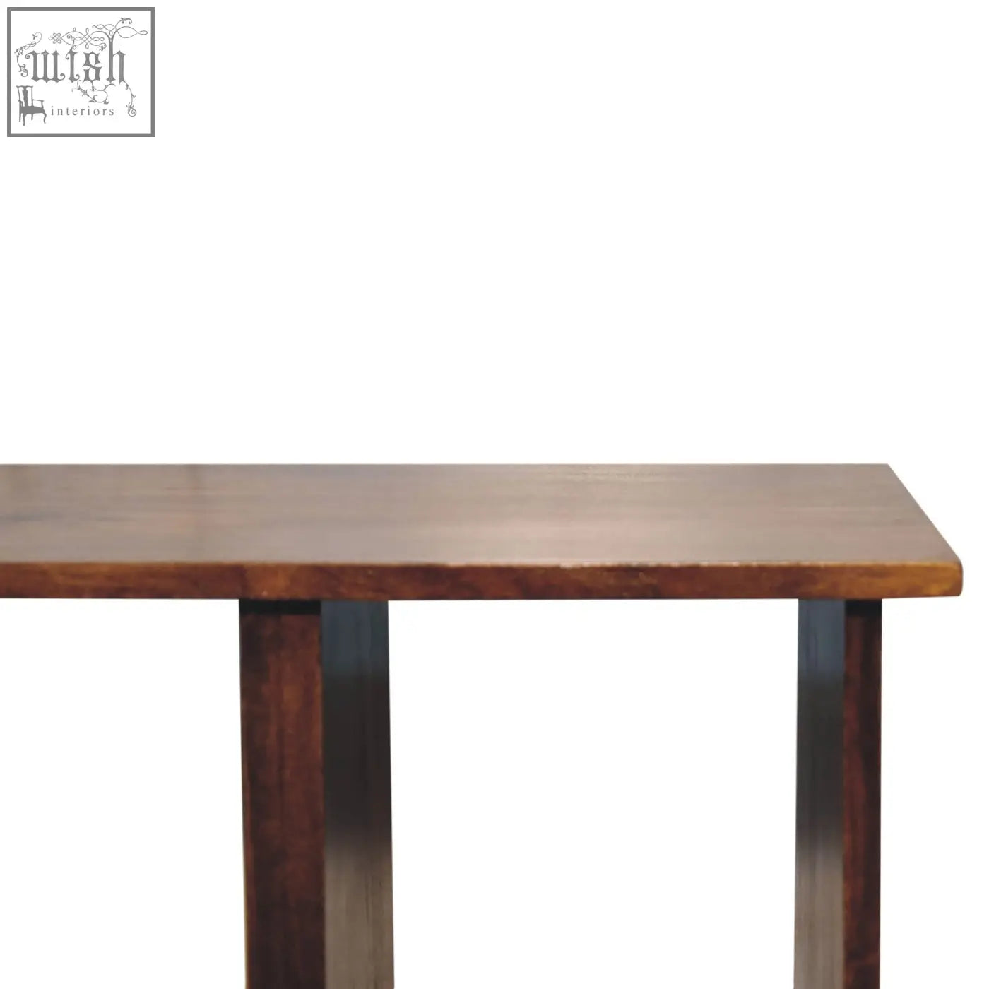 A sleek chestnut triple open style coffee table made of solid mango wood with sturdy dark metal legs