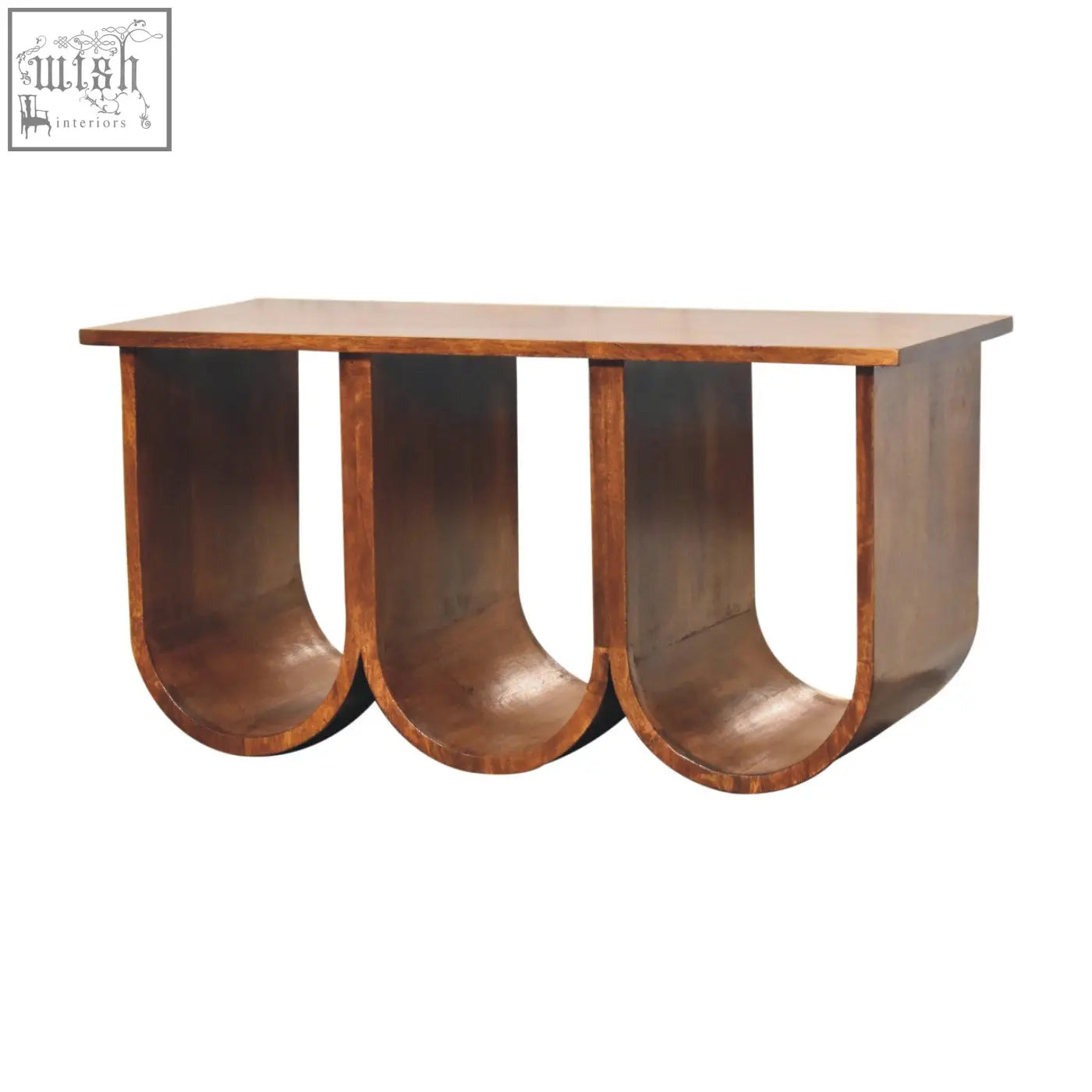 A triple open style coffee table with a warm chestnut solid mango wood top and three curved u shaped solid mango legs
