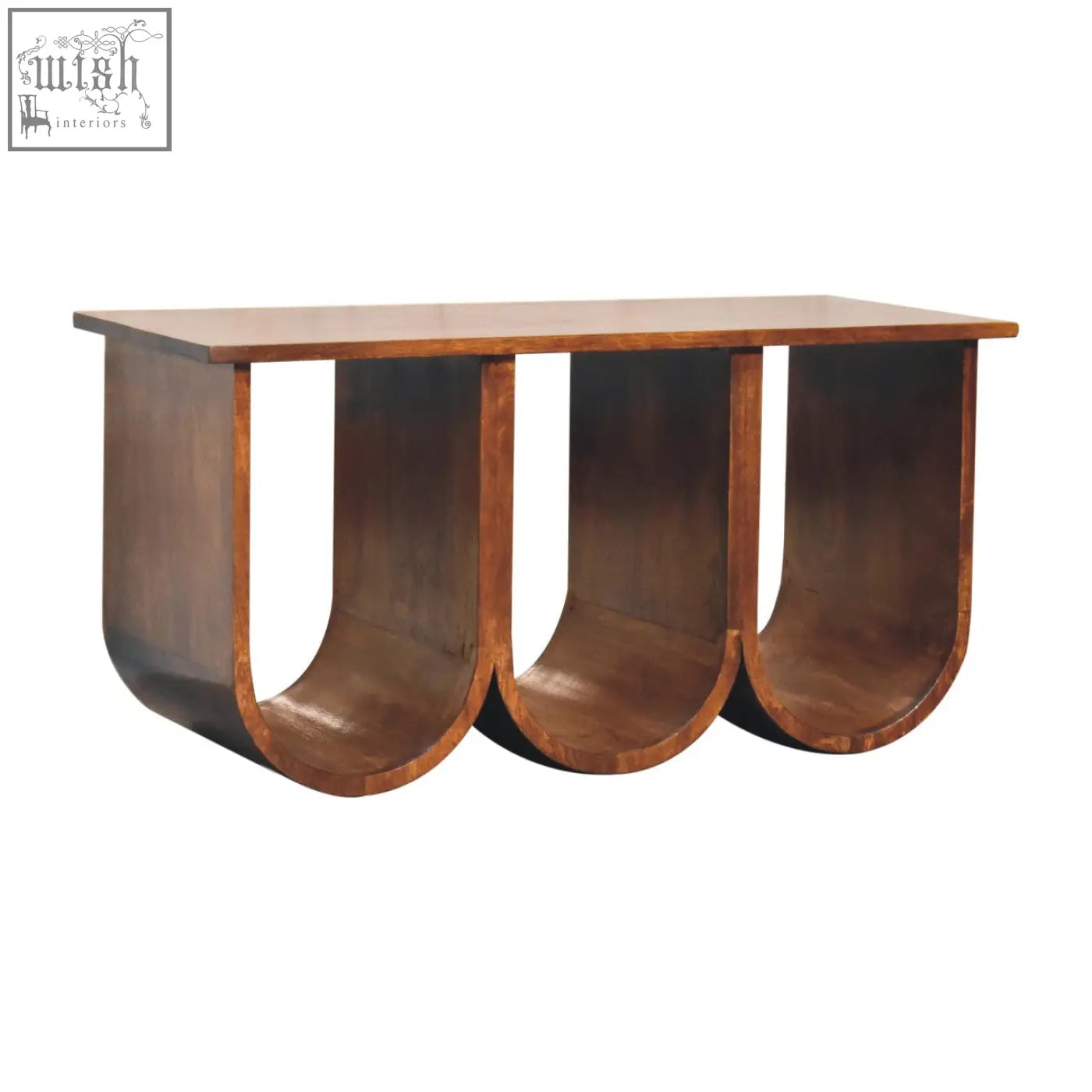 A sleek triple open style coffee table in rich chestnut solid mango wood with curved u-shaped legs