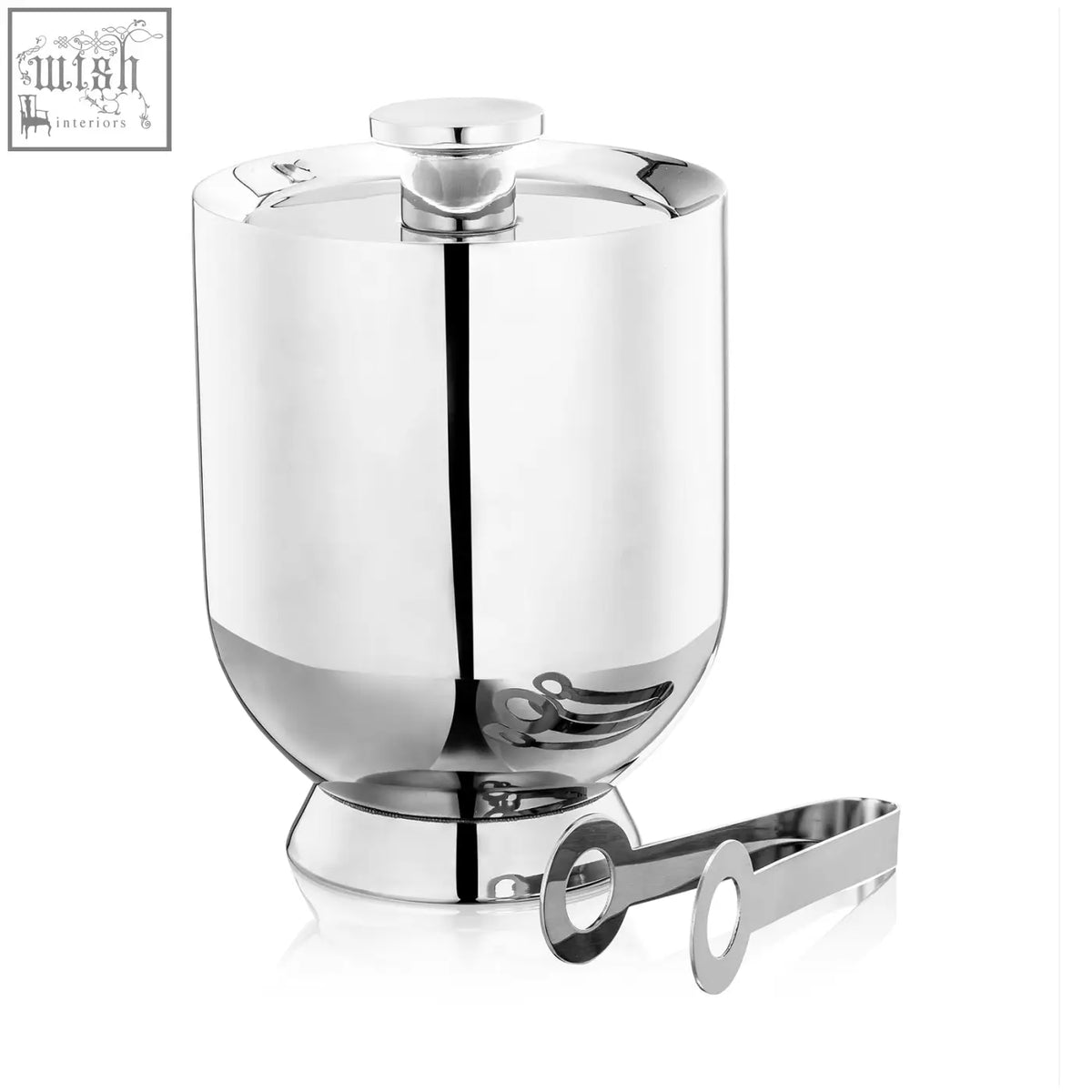 Shiny chrome-finished trombone ice bucket with matching tongs featuring a sleek cylindrical design and rounded base