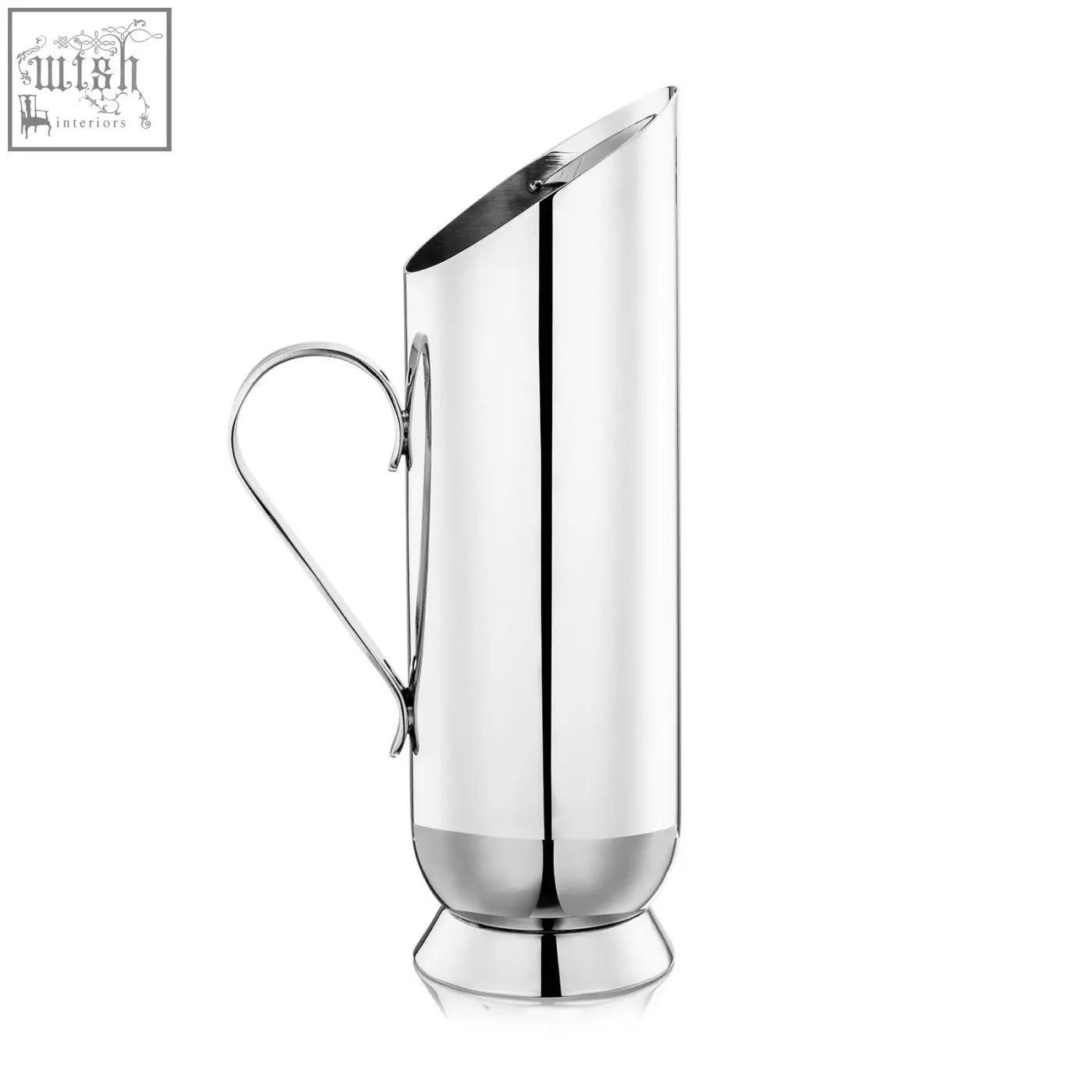 Shiny stainless steel trombone water pitcher with sleek modern design and curved handle for easy pouring