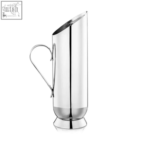 Shiny stainless steel trombone water pitcher with sleek modern design and curved handle for easy pouring