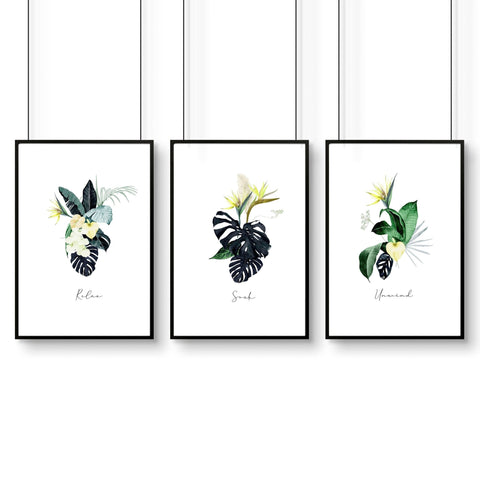 Decoration for bathroom walls | Set of 3 Tropical wall art