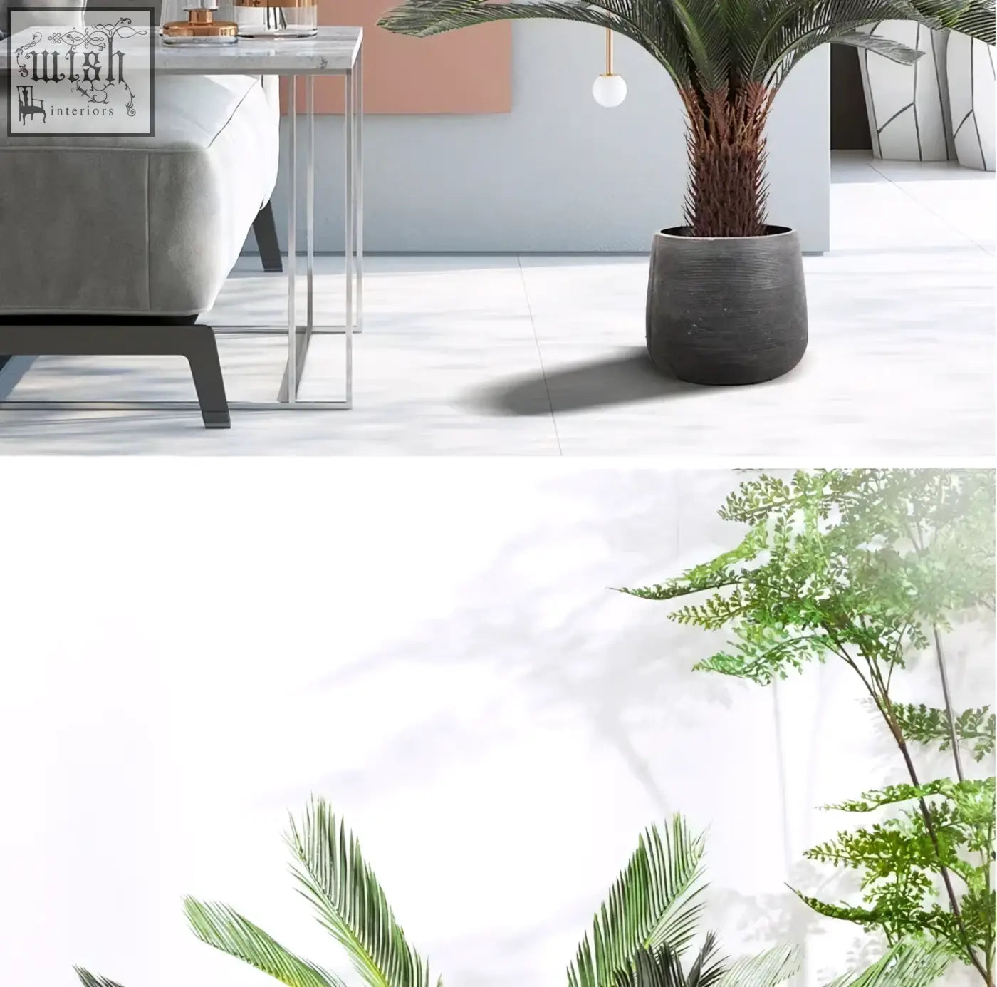 Dark gray textured ceramic planter with tall tropical artificial palm tree and plastic palm leaves for home or office decor