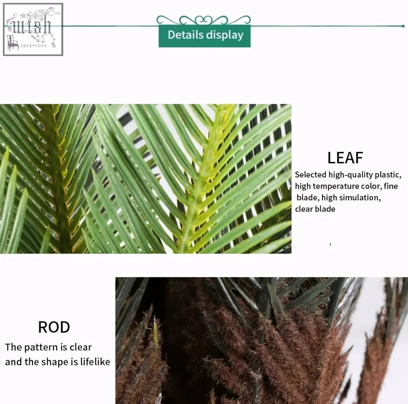 Green plastic palm leaf with lifelike texture and high temperature color simulation for tropical artificial palm tree decor