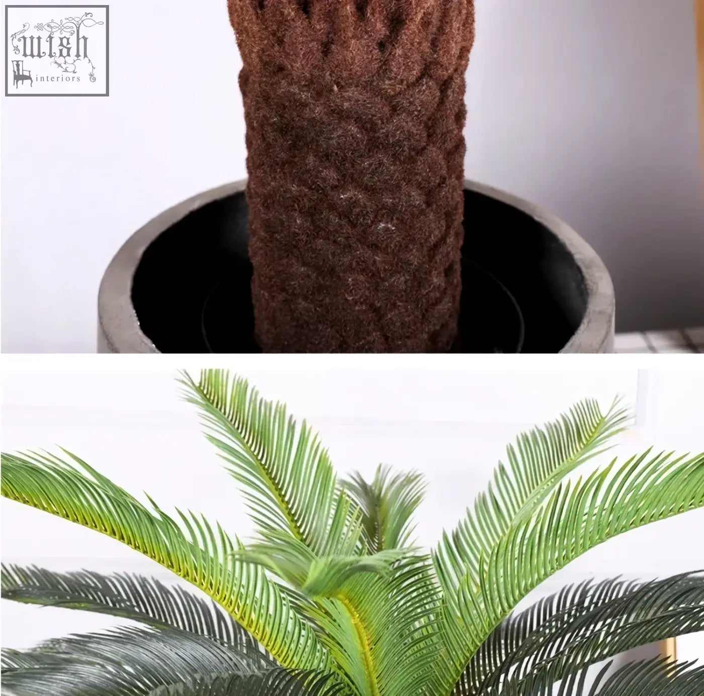 Brown knitted trunk artificial cycad plant with vibrant green plastic palm leaves for tropical artificial palm decor