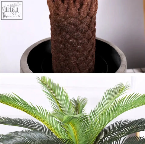 Brown knitted trunk artificial cycad plant with vibrant green plastic palm leaves for tropical artificial palm decor