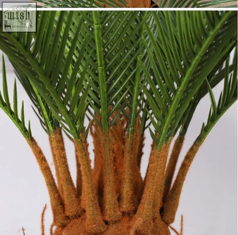 Artificial palm tree with plastic palm leaves and fuzzy brown trunk perfect for tropical decor in living rooms or offices