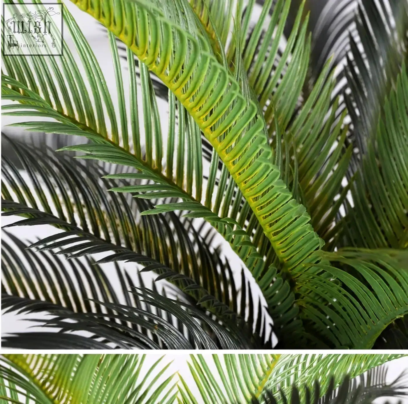 Vibrant green plastic palm leaves with detailed textured patterns for tropical artificial palm tree decor in living spaces
