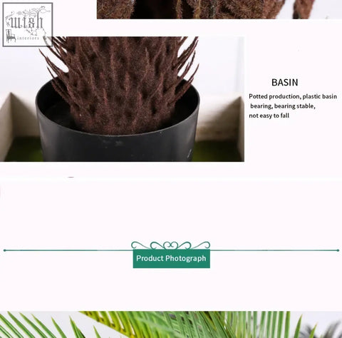 Brown fuzzy tropical artificial palm tree with plastic palm leaves in a black basin for home or office decor