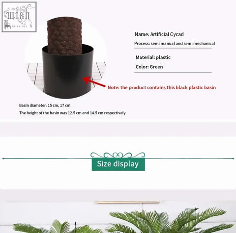 Green artificial palm tree with plastic palm leaves in black basin perfect for tropical decor in living room or office