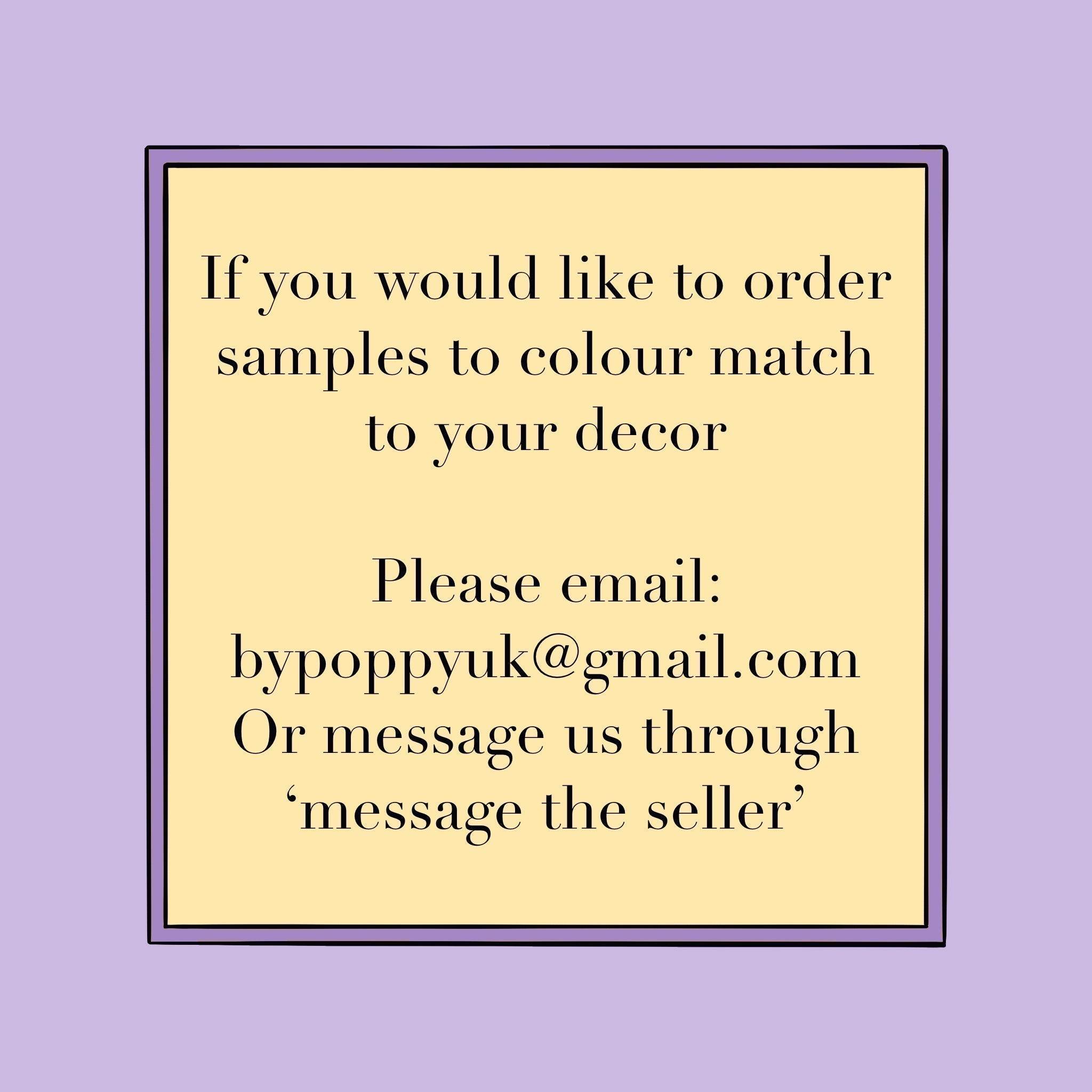 A pale yellow sign with black text for ordering custom-colored samples of tropical cheetah velvet lampshades