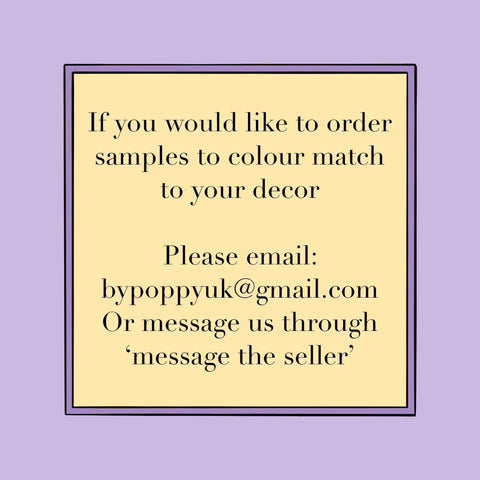 A pale yellow sign with black text for ordering custom-colored samples of tropical cheetah velvet lampshades