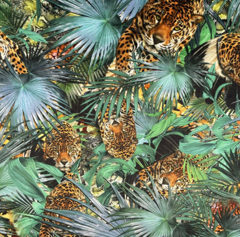 Vibrant tropical cheetah velvet empire lampshade with spotted leopards and green palm fronds handmade in the uk