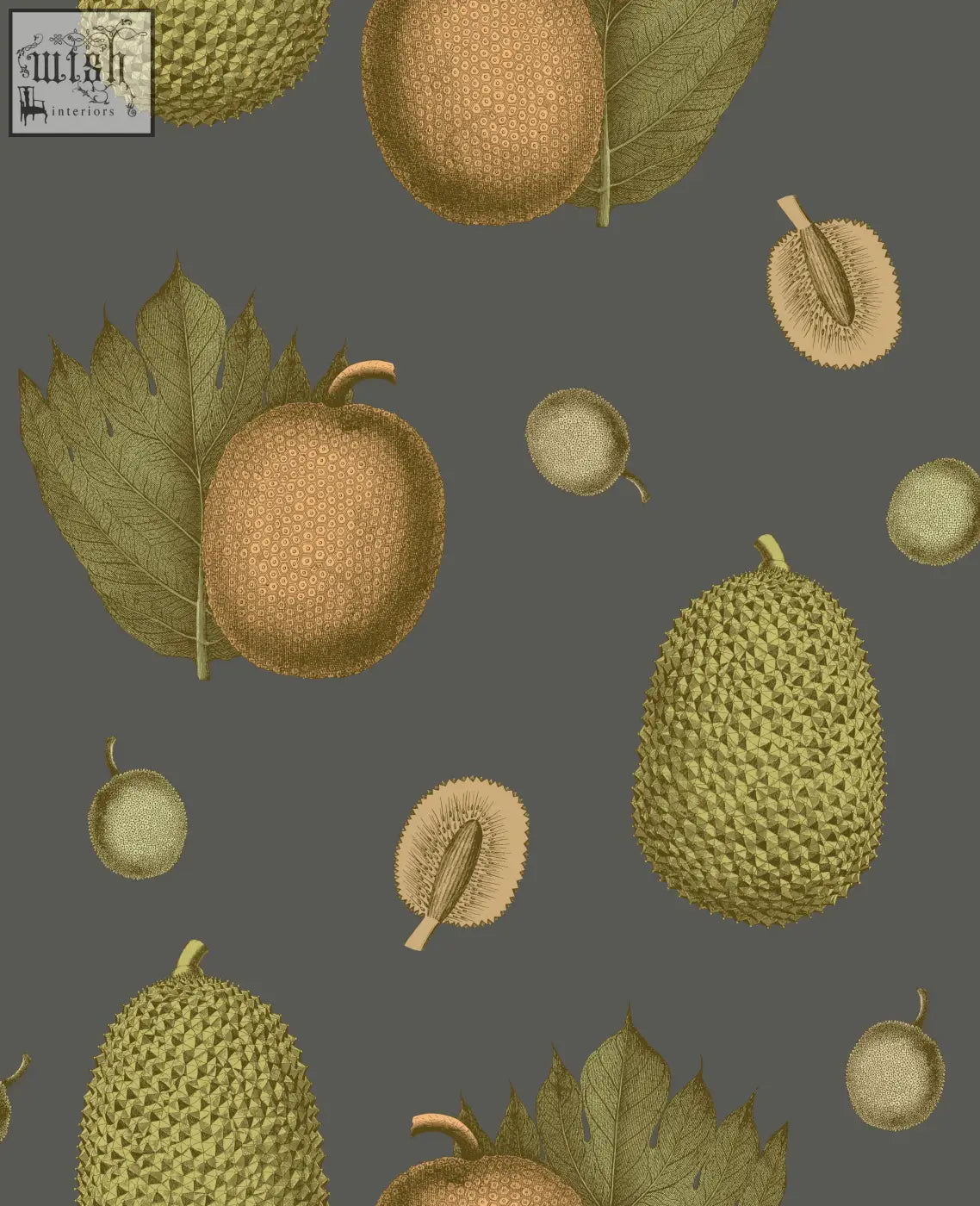 Botanical illustration of jackfruit and leaves in muted green and brown tones on tropical fruit wallpaper apricot