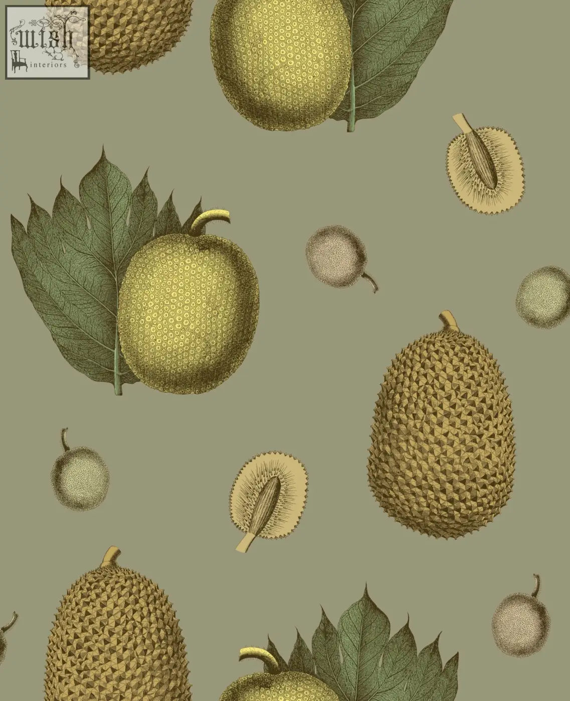 Botanical illustration of durian fruits and leaves in sepia tones on muted olive background tropical fruit wallpaper