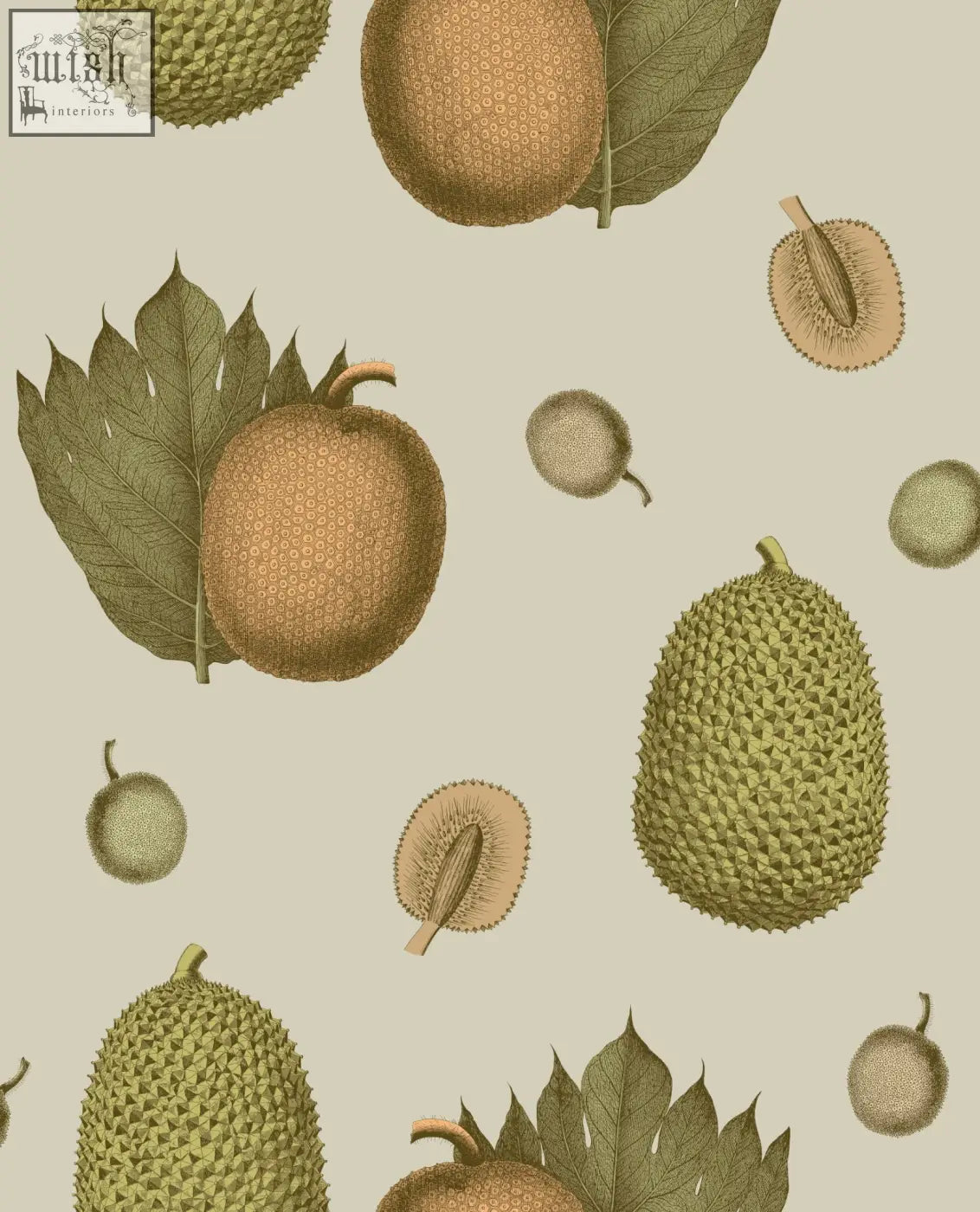 Botanical illustration of jackfruit in green and brown tones on a neutral background perfect for tropical fruit wallpaper