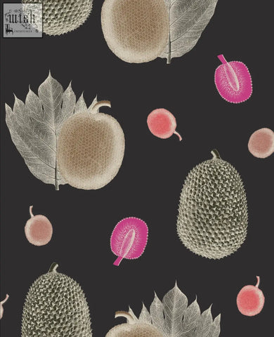 Dark gray tropical fruit wallpaper with repeating beige silver and pink fruit and leaf pattern for vibrant decor