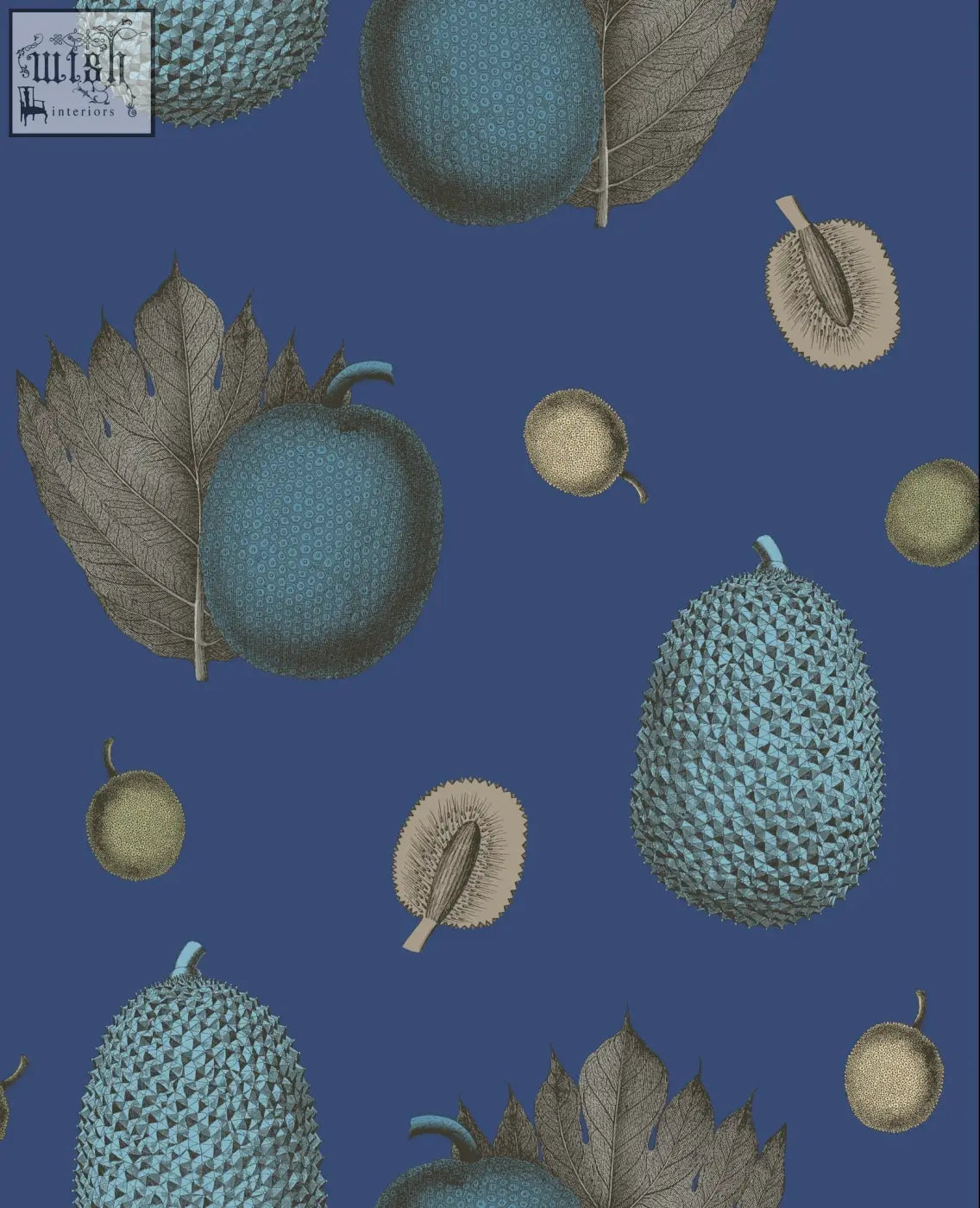 Blue and beige tropical fruit wallpaper with illustrated fruit and leaf pattern on a deep blue background