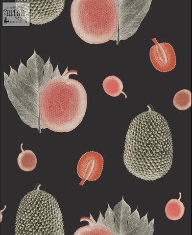 Dark gray tropical fruit wallpaper with repeating pink peaches and spiky green jackfruits with silver leaves accents