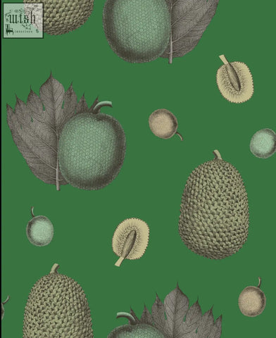 Illustrated green and beige jackfruit with spiky skin on solid green background in tropical fruit wallpaper design