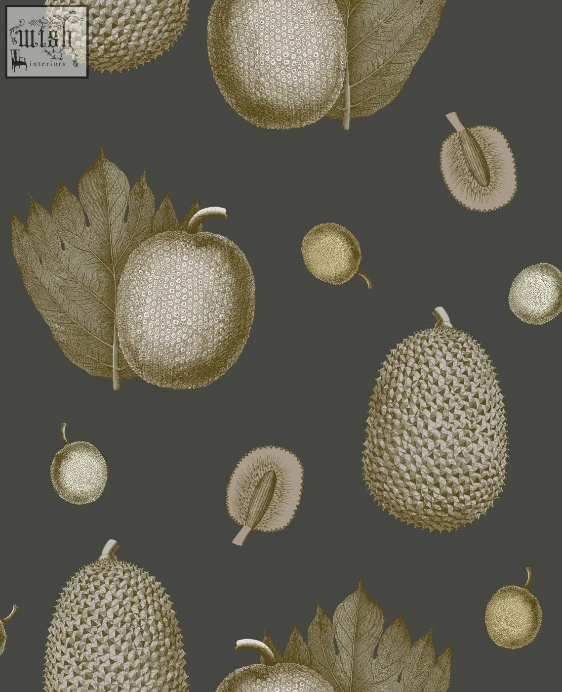 Gold-toned illustrated jackfruit and leaf pattern on dark gray tropical fruit wallpaper for a stylish fruit wallpaper look