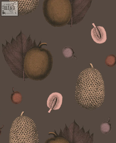 Brown durian fruits with spiky textured skin and leaves on dark brown background for tropical fruit wallpaper