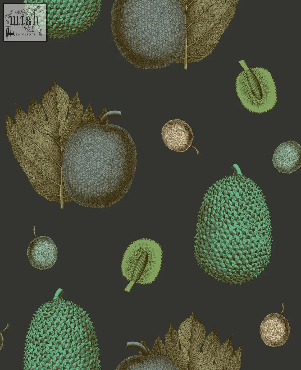 Green spiky durian fruits with brown leaves on a dark background in a tropical fruit wallpaper design