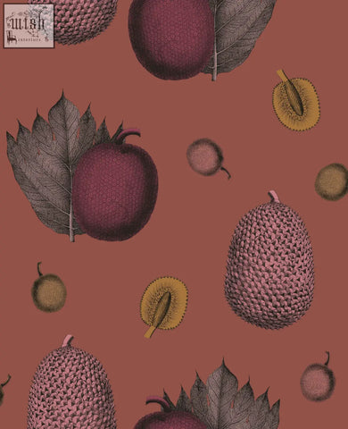 Botanical tropical fruit wallpaper in muted burgundy and olive tones featuring detailed jackfruit and lychee illustrations