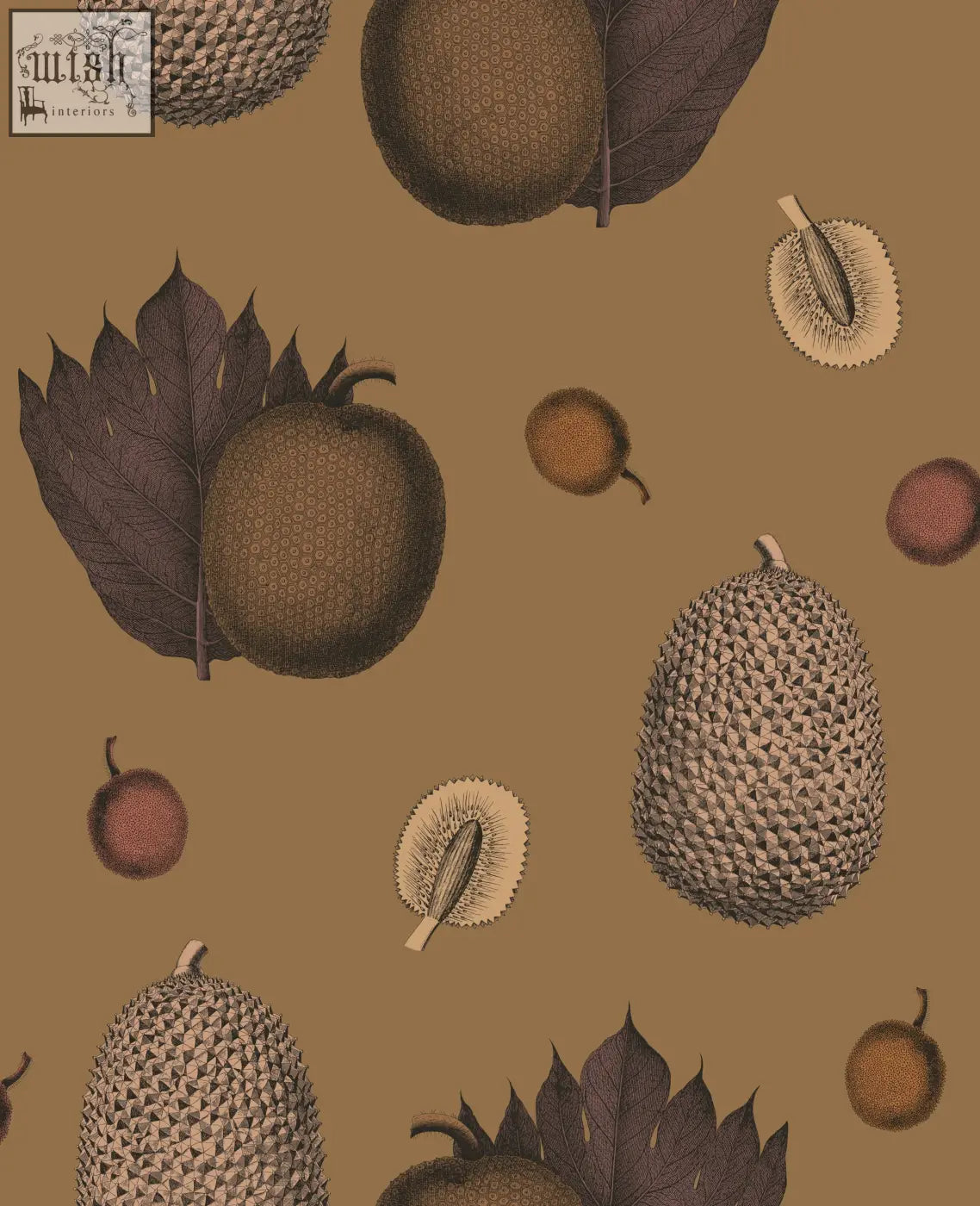 Brown durian fruit with spiky textured skin and dark leaves on sepia background in tropical fruit wallpaper design